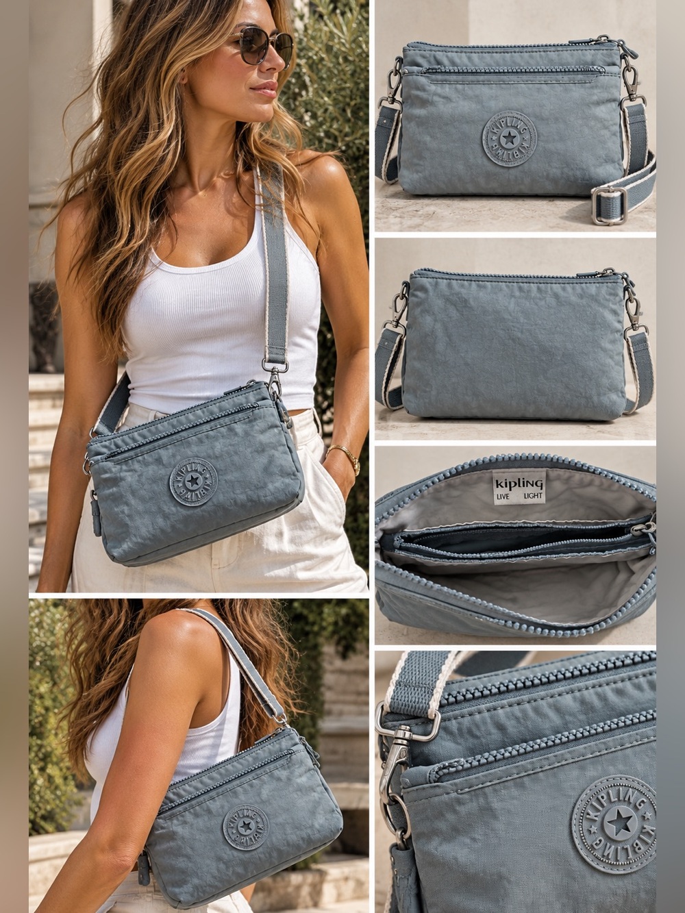 Kipling Live Light Gray Convertible Crossbody Wristlet Bag Nylon Travel